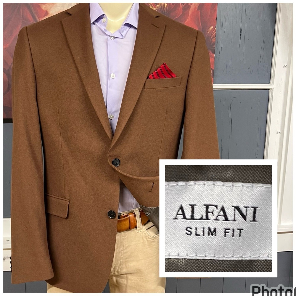 Alfani Blazer Jacket Men 42L Long Slim Fit Polyester Blend Stretch Flannel Brown